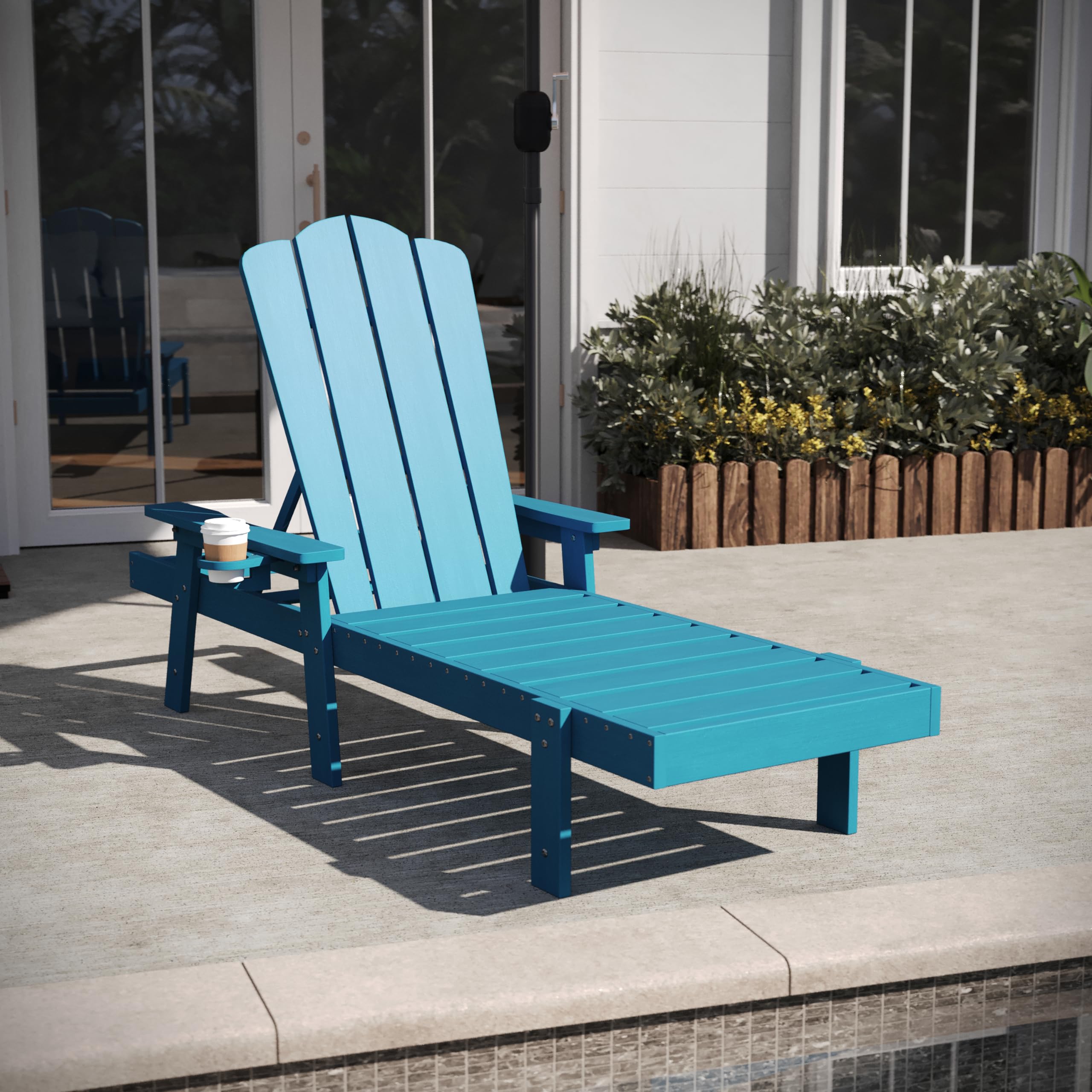 Flash Furniture Sonora Adjustable Adirondack Lounger with Cup Holder, Commercial Grade All-Weather-Weather Indoor/Outdoor Recycled HDPE Lounge Chair, Blue