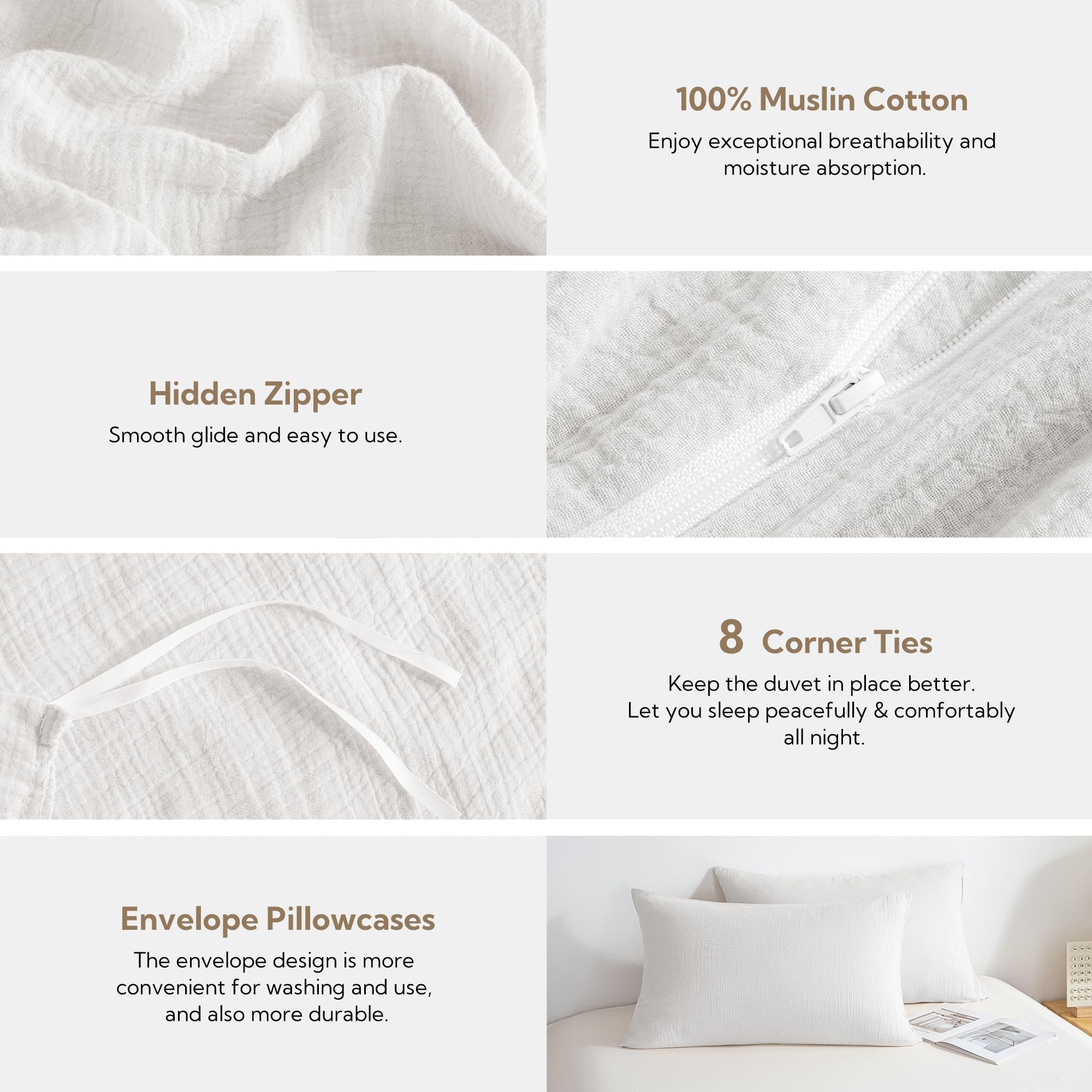 MILDLY Muslin Duvet Cover Set 100% Cotton Double-Layer Linen Like Gauze Comforter Cover 3 Pieces Breathable & Lightweight for All Season