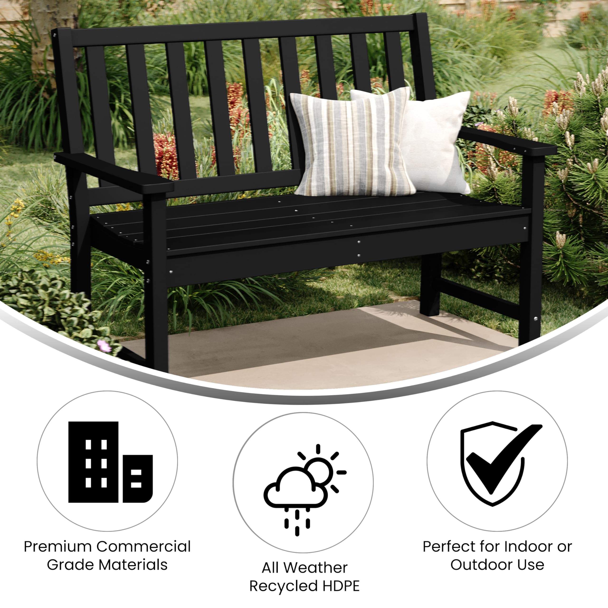 Flash Furniture Ellsworth Indoor-Outdoor Bench with Arms, Commercial Grade All Weather Recycled HDPE, Contoured Seat, UV Fade Resistant, 50", Black