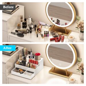 QooWare Hair Tool Organizer, Wood Hair Dryer Holder with Drawer & 3 Stainless Steel Cups, Versatile Bathroom Vanity Storage for Hair Styling Tools, Hot Tools, Brushes and Cosmetics - White