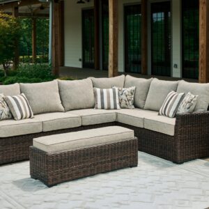 Signature Design by Ashley Brook Ranch Casual Weather Resistant Right Hand Facing Outdoor Sofa Sectional/Bench with Cushion and 6 Throw Pillows, Set of 3, Beige & Dark Brown