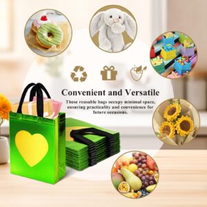 MCPINKY 15PCS Gift Bags with Handles, Green Non-woven Bags with Shiny Gold Heart Reusable Gift Bags Medium Size Party Favor Bags for Birthday Wedding Party Favors