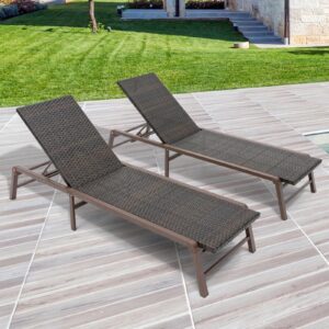 fhvit outdoor chaise lounge set of 2, assemble-free aluminum lounge chairs for poolside outside sunbathing, backyard lay flat patio lounge chairs, rattan brown