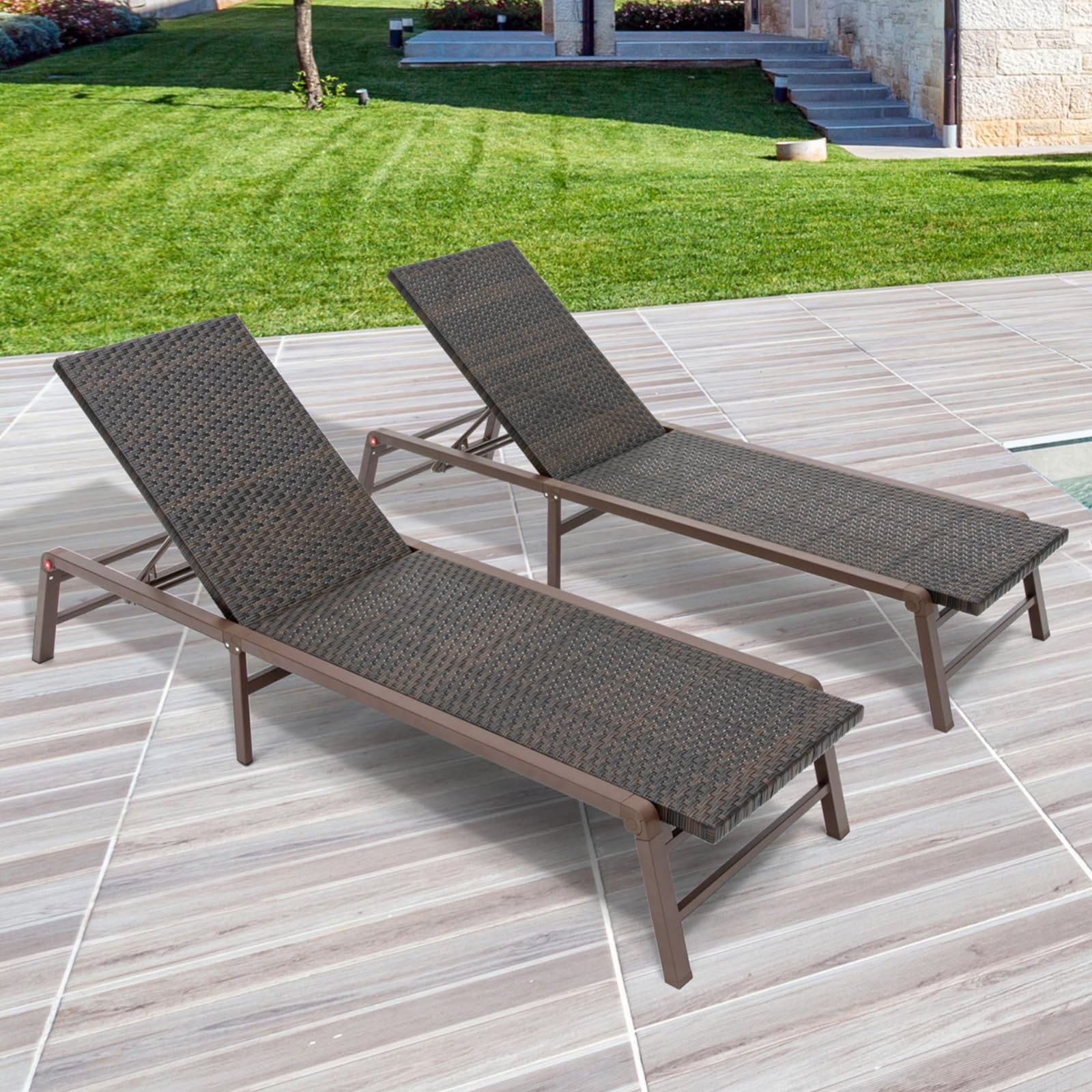 FHVIT Outdoor Chaise Lounge Set of 2, Assemble-Free Aluminum Lounge Chairs for Poolside Outside Sunbathing, Backyard Lay Flat Patio Lounge Chairs, Rattan Brown