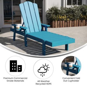 Flash Furniture Sonora Adjustable Adirondack Lounger with Cup Holder, Commercial Grade All-Weather-Weather Indoor/Outdoor Recycled HDPE Lounge Chair, Blue