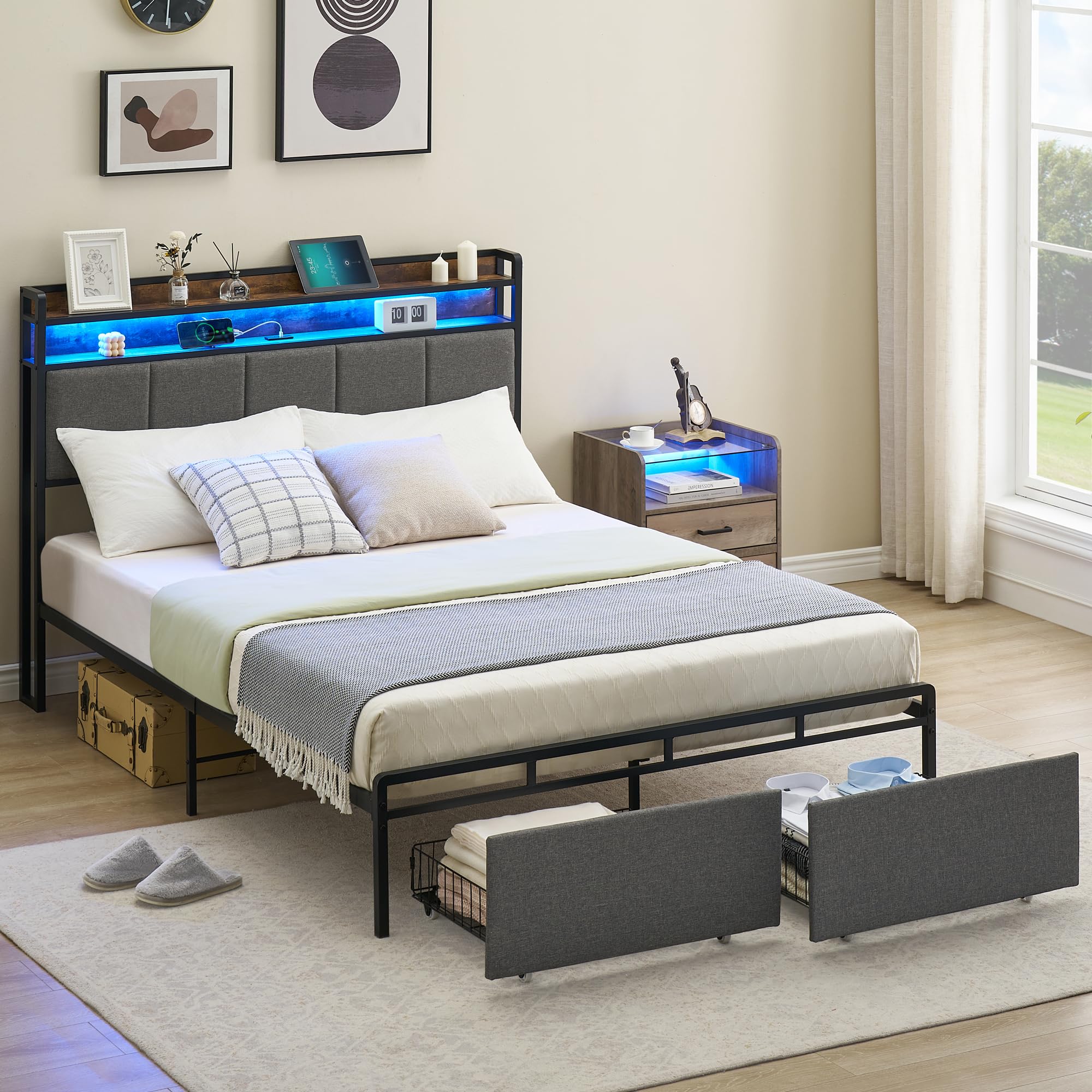 IDEALHOUSE Full Bed Frame with 2-Tier Storage Headboard, Upholstered Platform Bed Frame with 2 Storage Drawers, Built in Charging Station & LED, Noise-Free/Metal Support/No Box Spring Needed, Grey