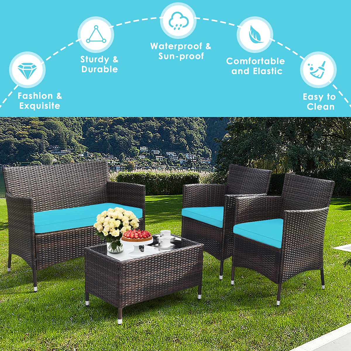 Goplus 4-Piece Rattan Patio Set, Outdoor/Indoor Wicker Conversation Set for Pool, Backyard, Lawn, Wicker Chairs and Sofa with Soft Cushion, Rattan Furniture with Tempered Glass Coffee Table