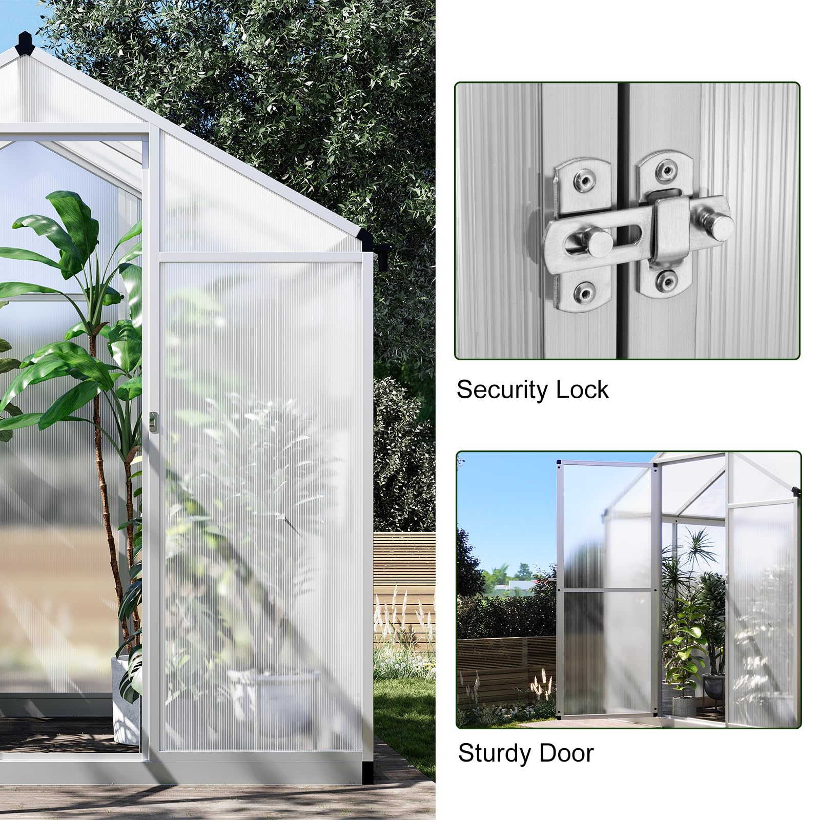 Garvee 6x4 FT Greenhouse for Outdoors, Polycarbonate Greenhouse with Quick Setup Structure and Roof Vent, Aluminum Large Walk-in Greenhouse for Outside Garden Backyard, Silver