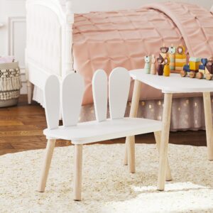 UTEX Kids Table and Chair Set, Toddler Table with Bunny Chair and Bench, 3 Pieces Wooden Children Table for Kids Room, Classroom, Nursery, White