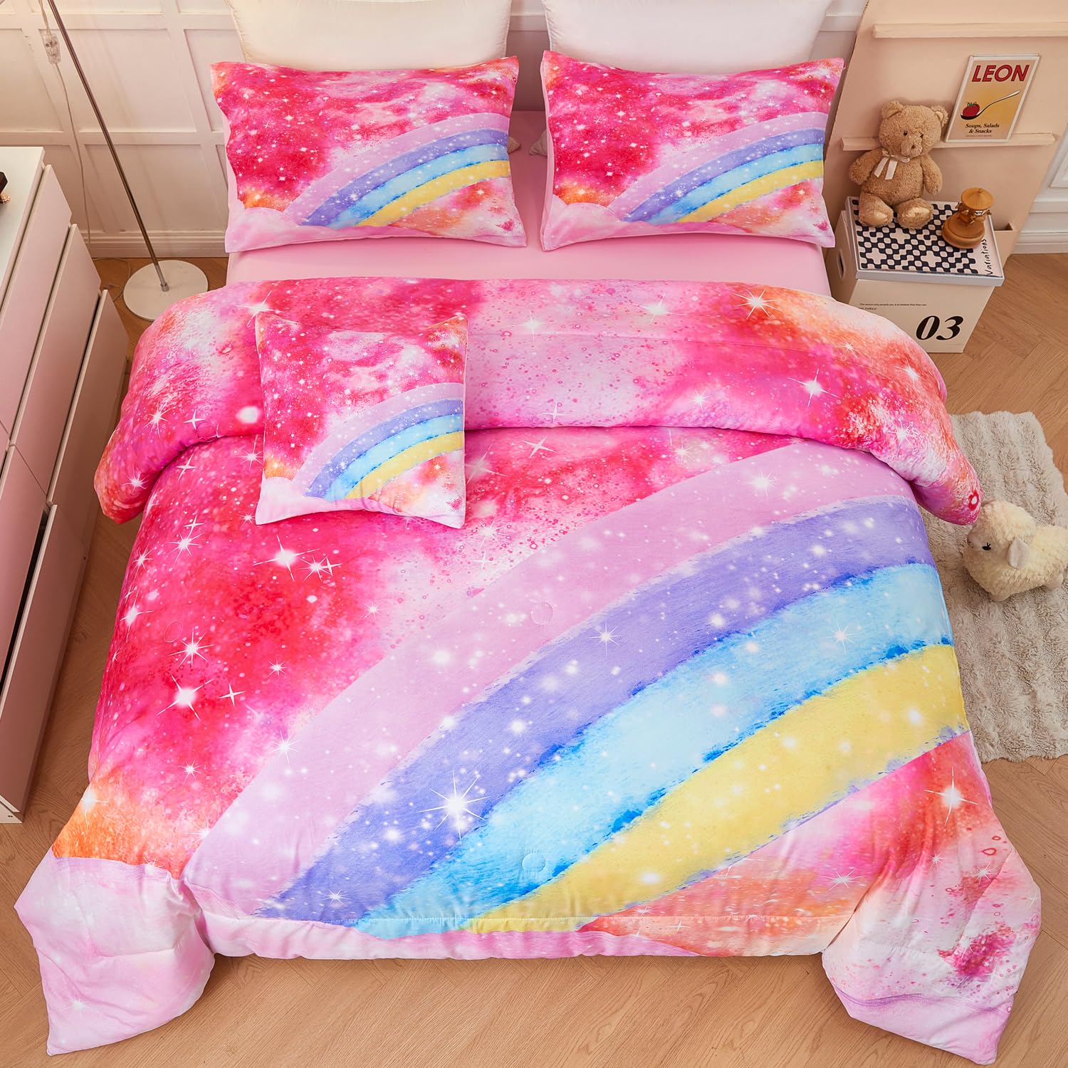 ANGIYUIN Rainbow Twin Size Comforter Set for Girls 6 Pieces Sparkle Tie Dye Pink Girls Bedding Comforter Sets Galaxy Kids Bed Comforter Sets Gradient Glitter Soft Bed in A Bag with Sheets