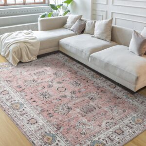 ULTSOFE Machine Washable Rug 4x6 Boho Area Rug, Pink Rugs for Bedroom Girls Bedside Living Room Dining Room Office, Anti Slip Low-Pile Stain Resistant Printed Vintage Floral Carpet