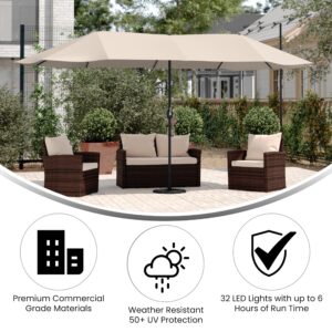 Flash Furniture Elizabeth Triple Head Patio Umbrella, Commercial Grade Umbrella with Easy Lift Crank Function, Water and Weather Resistant, 15 FT, Tan