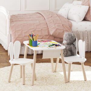 UTEX Kids Table and Chair Set, Toddler Table with Bunny Chair and Bench, 3 Pieces Wooden Children Table for Kids Room, Classroom, Nursery, White