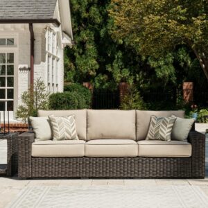 Signature Design by Ashley Coastline Bay Casual Weather Resistant Outdoor Sofa with Cushion and 4 Throw Pillows, Beige & Dark Brown