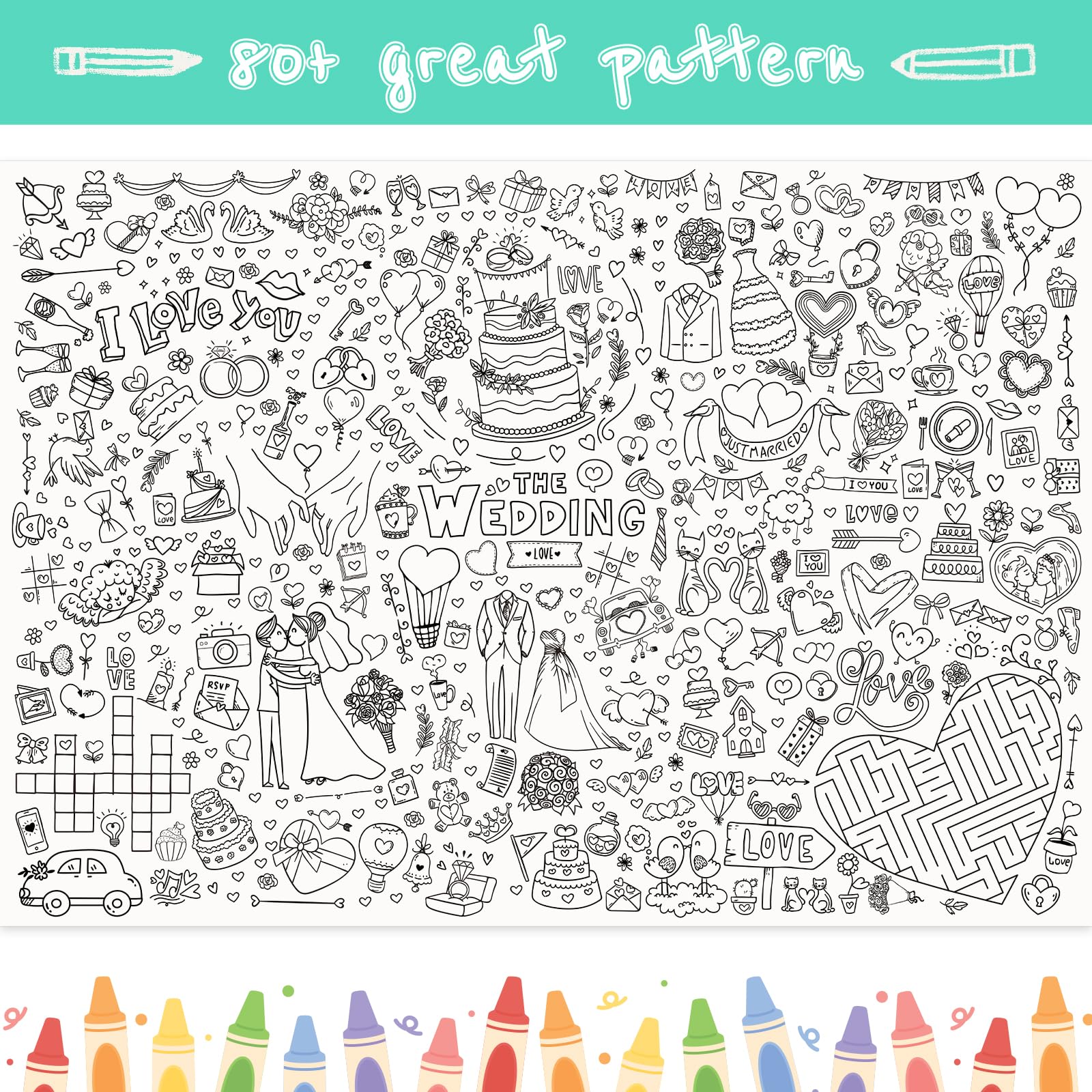 GWHOLE Giant Coloring Poster 40 x 28 Inch Table Cloth Wedding Themed Coloring Tablecloth Colorable Tablecloth for Wedding, Bridal Shower