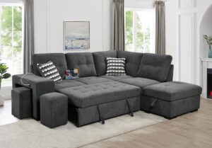 thsuper 100 inch linen sectional sleeper sofa with pull out bed, l shaped convertible sectional sleeper couch with storage ottoman, 2 foot stool and usb ports, dark gray