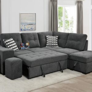 THSUPER 100 inch Linen Sectional Sleeper Sofa with Pull Out Bed, L Shaped Convertible Sectional Sleeper Couch with Storage Ottoman, 2 Foot Stool and USB Ports, Dark Gray