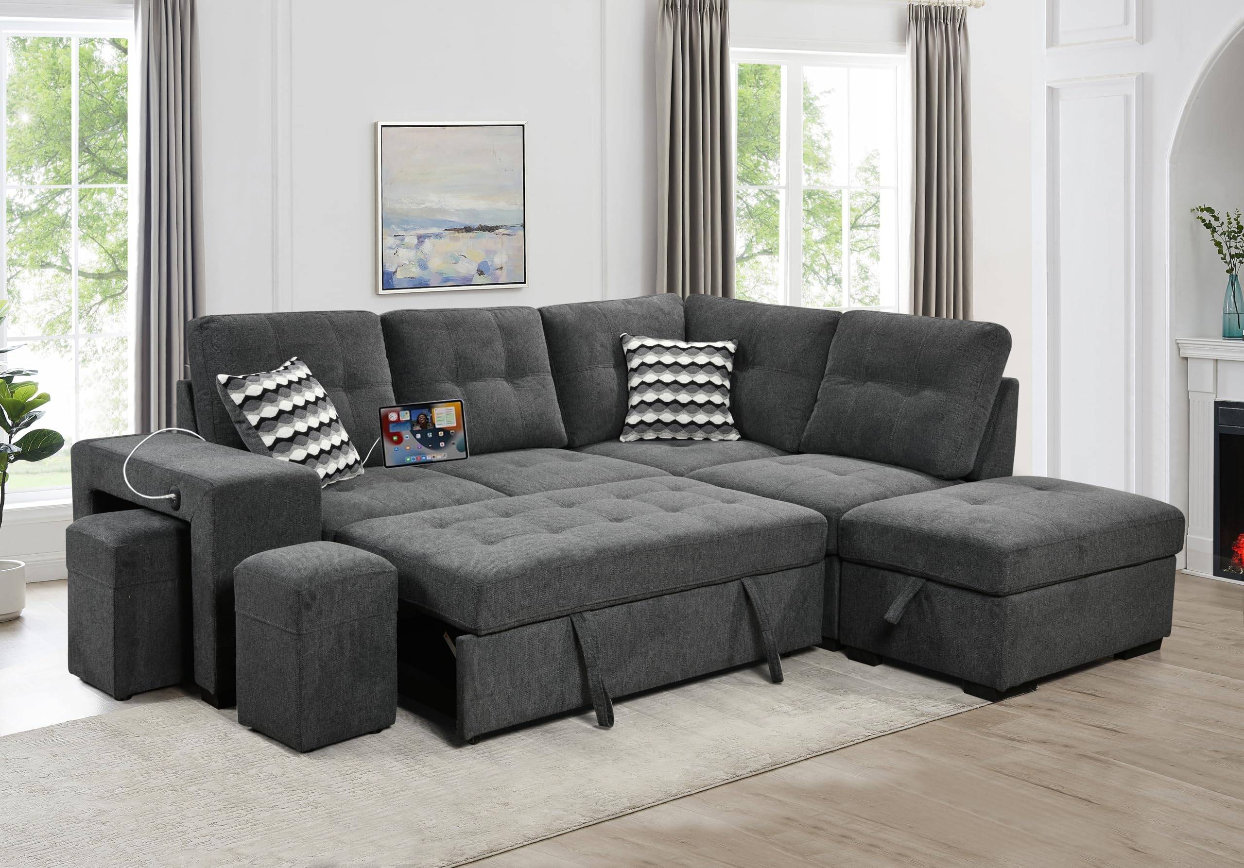 THSUPER 100 inch Linen Sectional Sleeper Sofa with Pull Out Bed, L Shaped Convertible Sectional Sleeper Couch with Storage Ottoman, 2 Foot Stool and USB Ports, Dark Gray