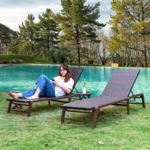 FHVIT Outdoor Chaise Lounge Set of 2, Assemble-Free Aluminum Lounge Chairs for Poolside Outside Sunbathing, Backyard Lay Flat Patio Lounge Chairs, Rattan Brown