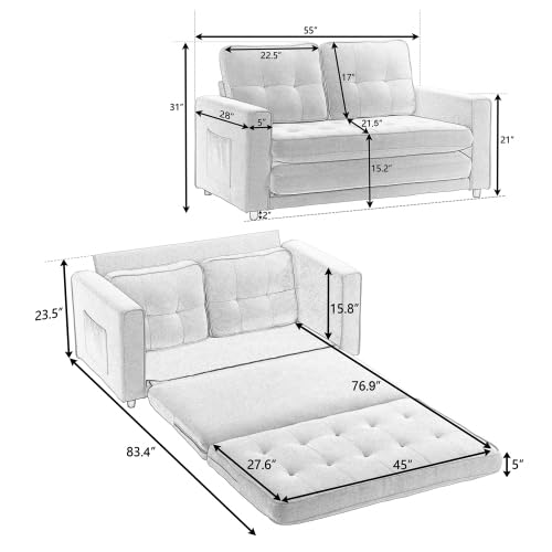 3-in-1 Futon Couch Bed with Mattress, Modern Full Size Pull Out Floor Sofa Bed with 2 Side Pockets, Loveseat Sleeper Sofa Bed Couch, Couches Love Seat Daybed for Living Room, Apartment (Light Gray)