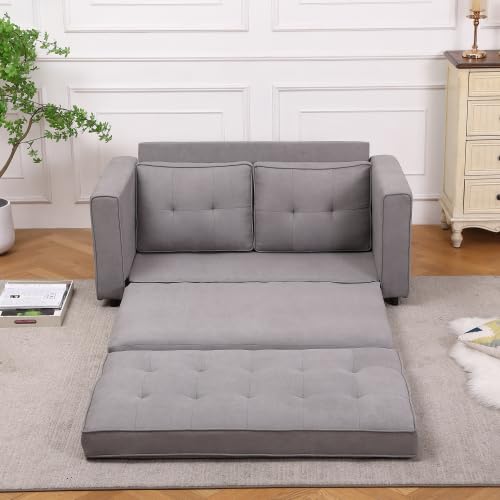 3-in-1 Futon Couch Bed with Mattress, Modern Full Size Pull Out Floor Sofa Bed with 2 Side Pockets, Loveseat Sleeper Sofa Bed Couch, Couches Love Seat Daybed for Living Room, Apartment (Light Gray)