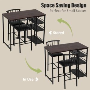 Shintenchi Kitchen Bar Table and Chairs Set of 2, Small Dining Table Set with 2 PU Cushion Bar Stools, 3 Piece Kitchen Dining Set with 3 Storage Shelves for Small Space, Brown