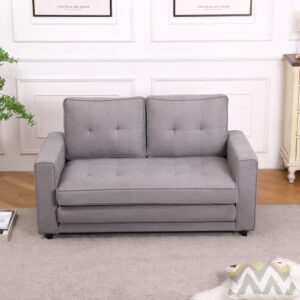 3-in-1 Futon Couch Bed with Mattress, Modern Full Size Pull Out Floor Sofa Bed with 2 Side Pockets, Loveseat Sleeper Sofa Bed Couch, Couches Love Seat Daybed for Living Room, Apartment (Light Gray)