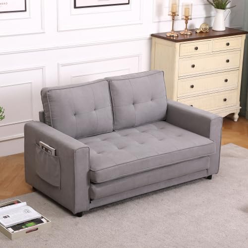 3-in-1 Futon Couch Bed with Mattress, Modern Full Size Pull Out Floor Sofa Bed with 2 Side Pockets, Loveseat Sleeper Sofa Bed Couch, Couches Love Seat Daybed for Living Room, Apartment (Light Gray)