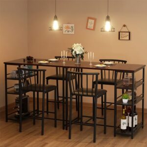 Shintenchi Kitchen Bar Table and Chairs Set of 2, Small Dining Table Set with 2 PU Cushion Bar Stools, 3 Piece Kitchen Dining Set with 3 Storage Shelves for Small Space, Brown