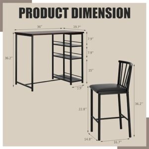 Shintenchi Kitchen Bar Table and Chairs Set of 2, Small Dining Table Set with 2 PU Cushion Bar Stools, 3 Piece Kitchen Dining Set with 3 Storage Shelves for Small Space, Brown