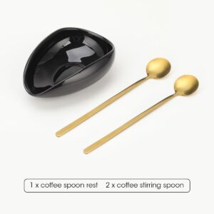 Aieve Coffee Spoon Rest with Stainless Steel Coffee Stirring Spoon and Ceramic Coffee Spoon Holder(1*Black Spoon Rest+2*Gold Stirring Spoon)