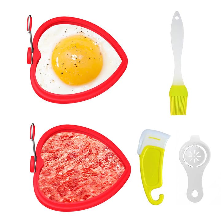 Egg Ring Heart Mold 2PCS Reusable Silicone Egg Pancake Ring Heart Mold With Brush & Scraper & Egg Separator Makes Perfect Shaped Pancakes and Eggs