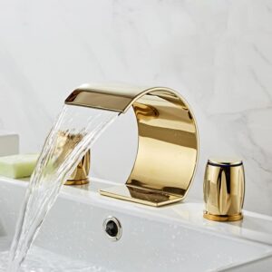 WBRSybUS Bathroom Sink Faucet Gold, 3 Hole 2 Handle High Arc Waterfall Spout Vanity Basin Mixer Tap Bathtub Filler Faucet