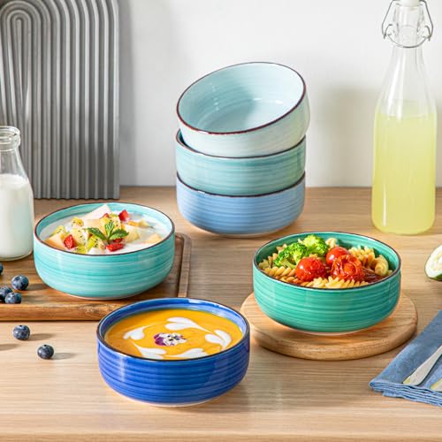 vancasso Bonita Cereal Bowls Set of 6, 24 Oz Ceramic Bowls for Kitchen, Dishwasher & Microwave Safe Bowls for Soup, Cereal, Dessert, Fruit, Blue Colored Bowl Set