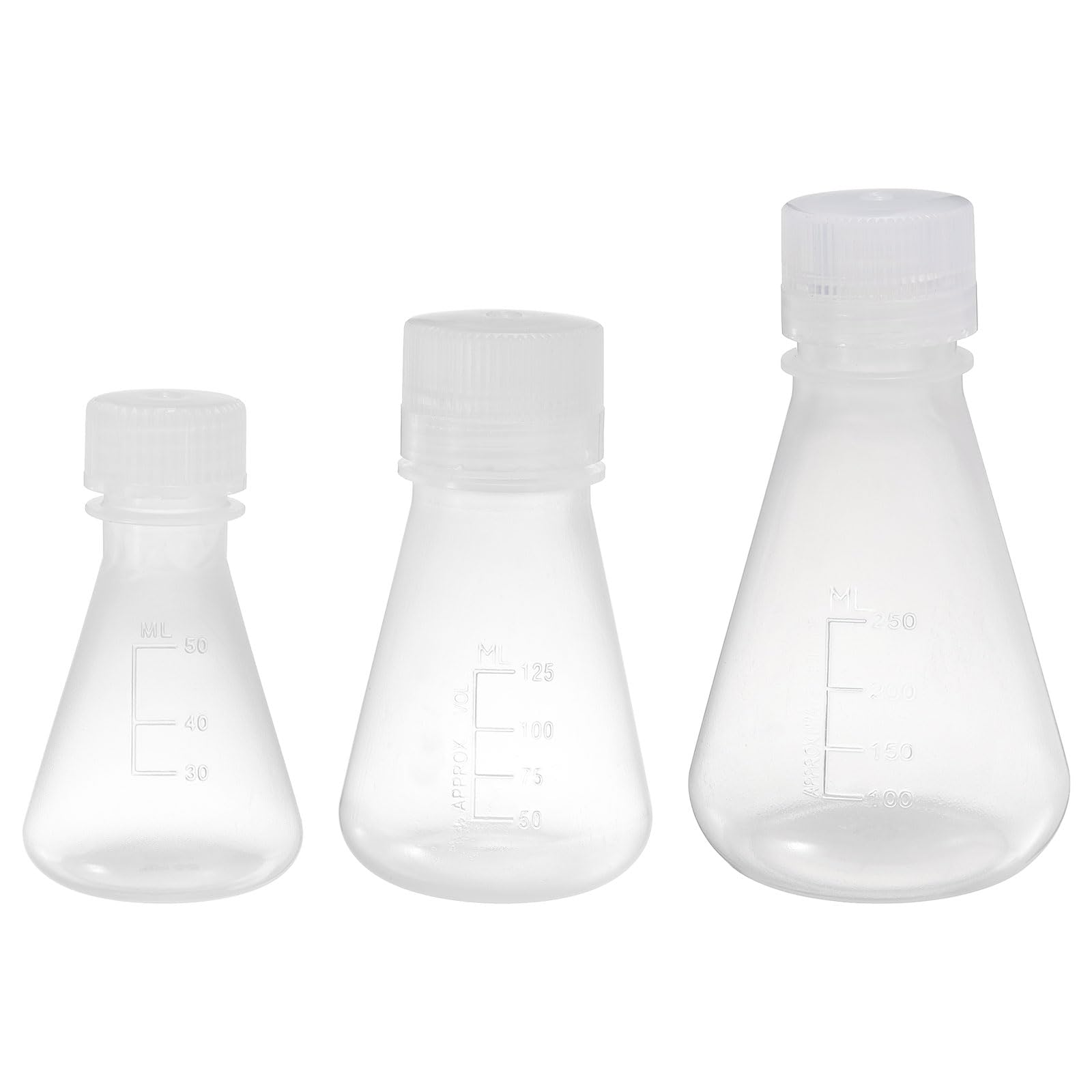 PATIKIL Erlenmeyer Flask, 3 Pcs 50ml 125ml 250ml Narrow Mouth Graduated Flasks with Screw Cap Plastic Flasks with Printed Graduation for Lab Experiment Chemistry Science Study