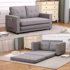 3-in-1 futon couch bed with mattress, modern full size pull out floor sofa bed with 2 side pockets, loveseat sleeper sofa bed couch, couches love seat daybed for living room, apartment (light gray)