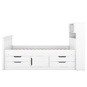 Merax Twin Size Bed Frames with Bookcase Headboard,Kids Wooden Platform Bed with 4 Drawers,White Captain Platform Bed with Storage Underneath