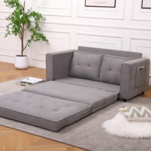 3-in-1 Futon Couch Bed with Mattress, Modern Full Size Pull Out Floor Sofa Bed with 2 Side Pockets, Loveseat Sleeper Sofa Bed Couch, Couches Love Seat Daybed for Living Room, Apartment (Light Gray)