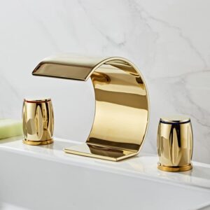 WBRSybUS Bathroom Sink Faucet Gold, 3 Hole 2 Handle High Arc Waterfall Spout Vanity Basin Mixer Tap Bathtub Filler Faucet