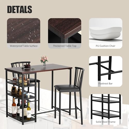 Shintenchi Kitchen Bar Table and Chairs Set of 2, Small Dining Table Set with 2 PU Cushion Bar Stools, 3 Piece Kitchen Dining Set with 3 Storage Shelves for Small Space, Brown