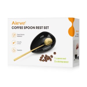 aieve coffee spoon rest with stainless steel coffee stirring spoon and ceramic coffee spoon holder(1*black spoon rest+2*gold stirring spoon)