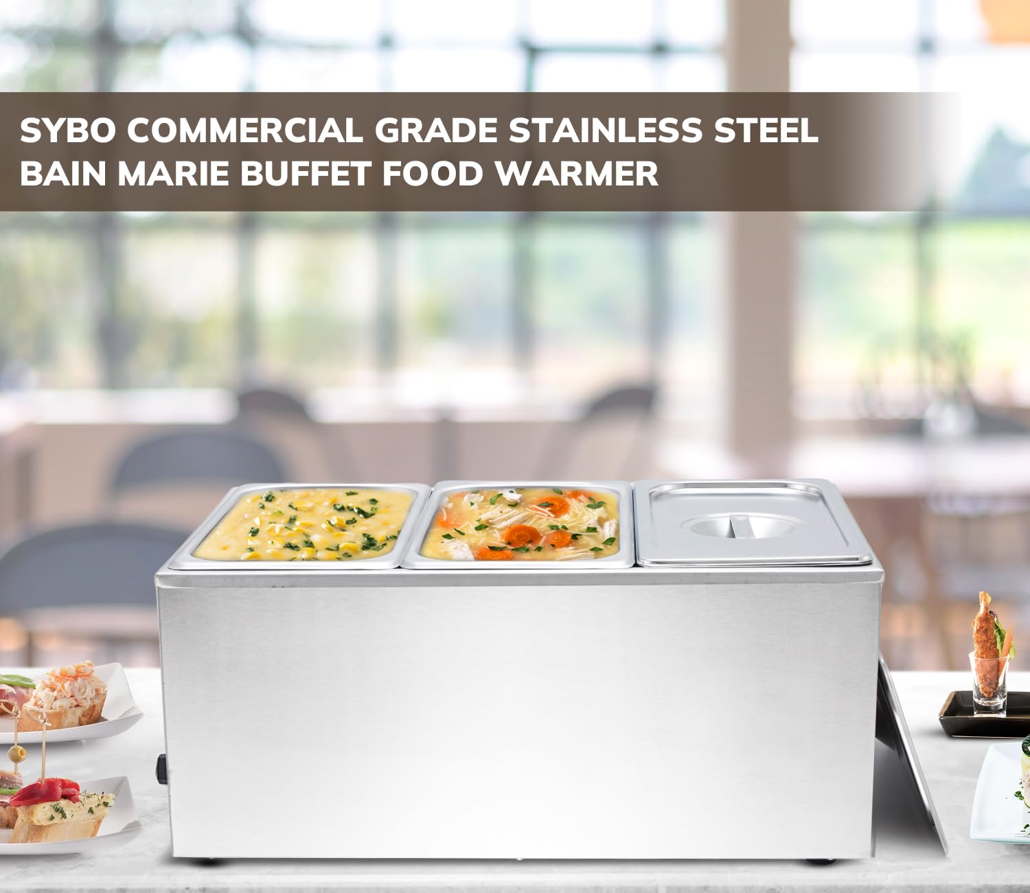 SYBO Commercial Grade Stainless Steel Bain Marie Buffet Food Warmer Steam Table for Catering and Restaurants, Good for Parties Buffet Servers and Warmers, 3 Sections with Tap, Sliver