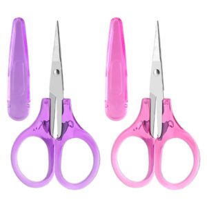 2 pcs small scissors all purpose kid scissors with protective cover mini craft scissors precision straight fine tips design for scrapbooking paper cutting sewing crafting quilting (pink, purple)