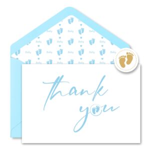 azaza baby shower thank you cards with envelopes footprint liners, 30pcs baby boy blue thank you cards 4x6, thank you note and gold stickers for baby gift sets (blue envelopes & white cards)