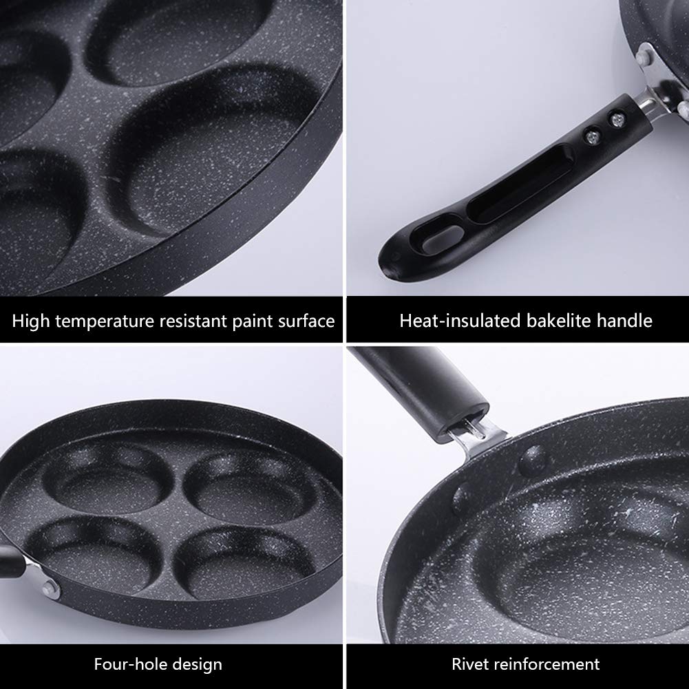 Unoschrim 4-Cup Egg Frying Pan, Nonstick Frying Pan, Aluminium 9.5-Inch Egg Frying Pan, Multifunctional Breakfast Frying Pan for Egg, Bacon, Pancake or Burger, Gas Stoves Compatible, Black