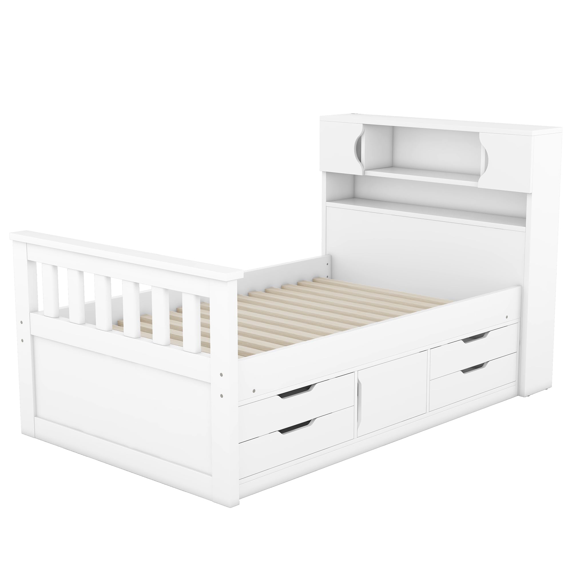 Merax Twin Size Bed Frames with Bookcase Headboard,Kids Wooden Platform Bed with 4 Drawers,White Captain Platform Bed with Storage Underneath