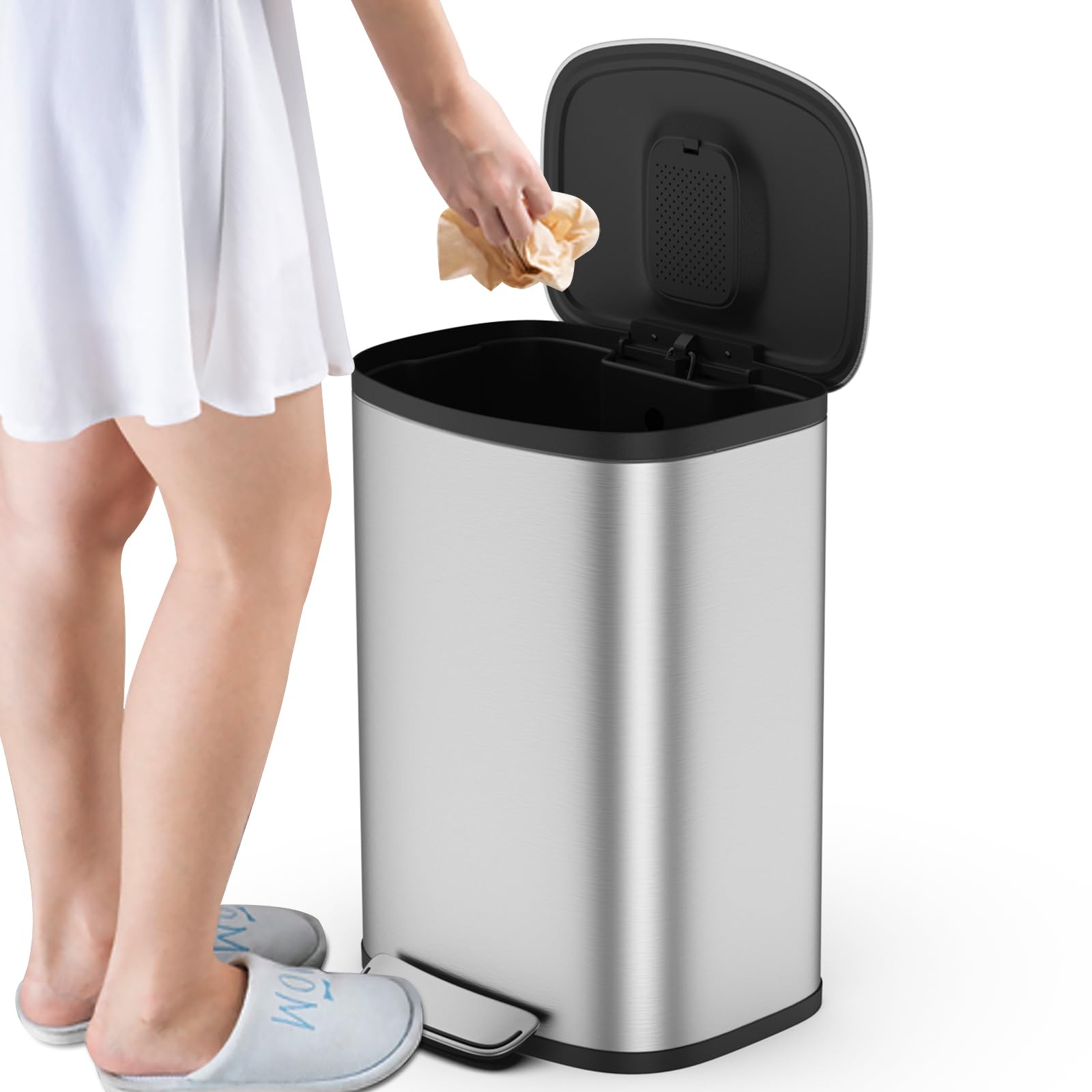 Ufurpie 13 Gallon/50L Trash Can with Foot Pedal, Stainless Steel Garbage Can with Soft-Close Lid, Garbage Bin Exquisite Oval Shape Cover Hands-Free for Kitchen, Bathroom, Office