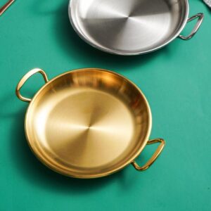 Cabilock Stainless Steel Paella Pan Double Handle Seafood Pan Flat Bottom Snack Plate Non-stick Seafood Lobster Plate for Home Kitchen Outdoor Cooking Supplies Golden