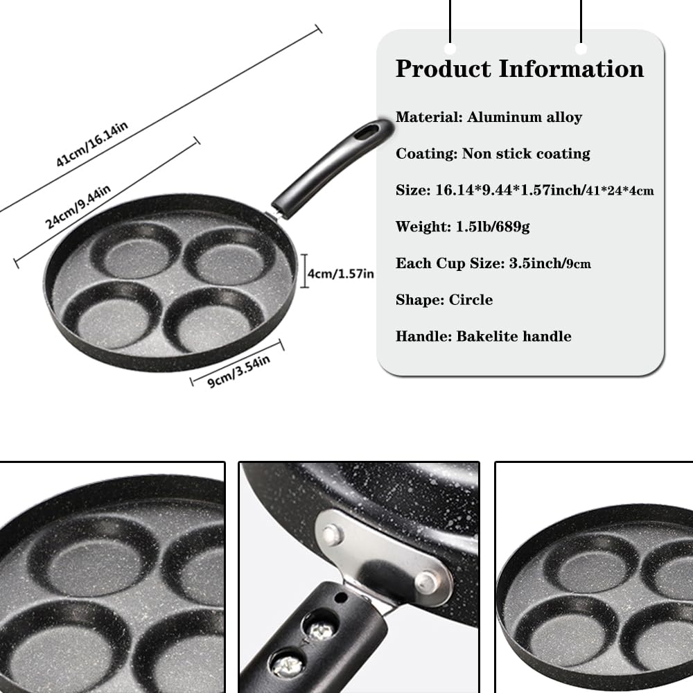 Unoschrim 4-Cup Egg Frying Pan, Nonstick Frying Pan, Aluminium 9.5-Inch Egg Frying Pan, Multifunctional Breakfast Frying Pan for Egg, Bacon, Pancake or Burger, Gas Stoves Compatible, Black