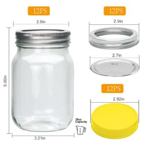 Accguan Mason Jars 16 oz with Lids,Glass Jar with Regular Lids and Bands Ideal for Jam,Honey,Shower/Wedding Favors, Clear, 12 Pack,Two Types of Lids